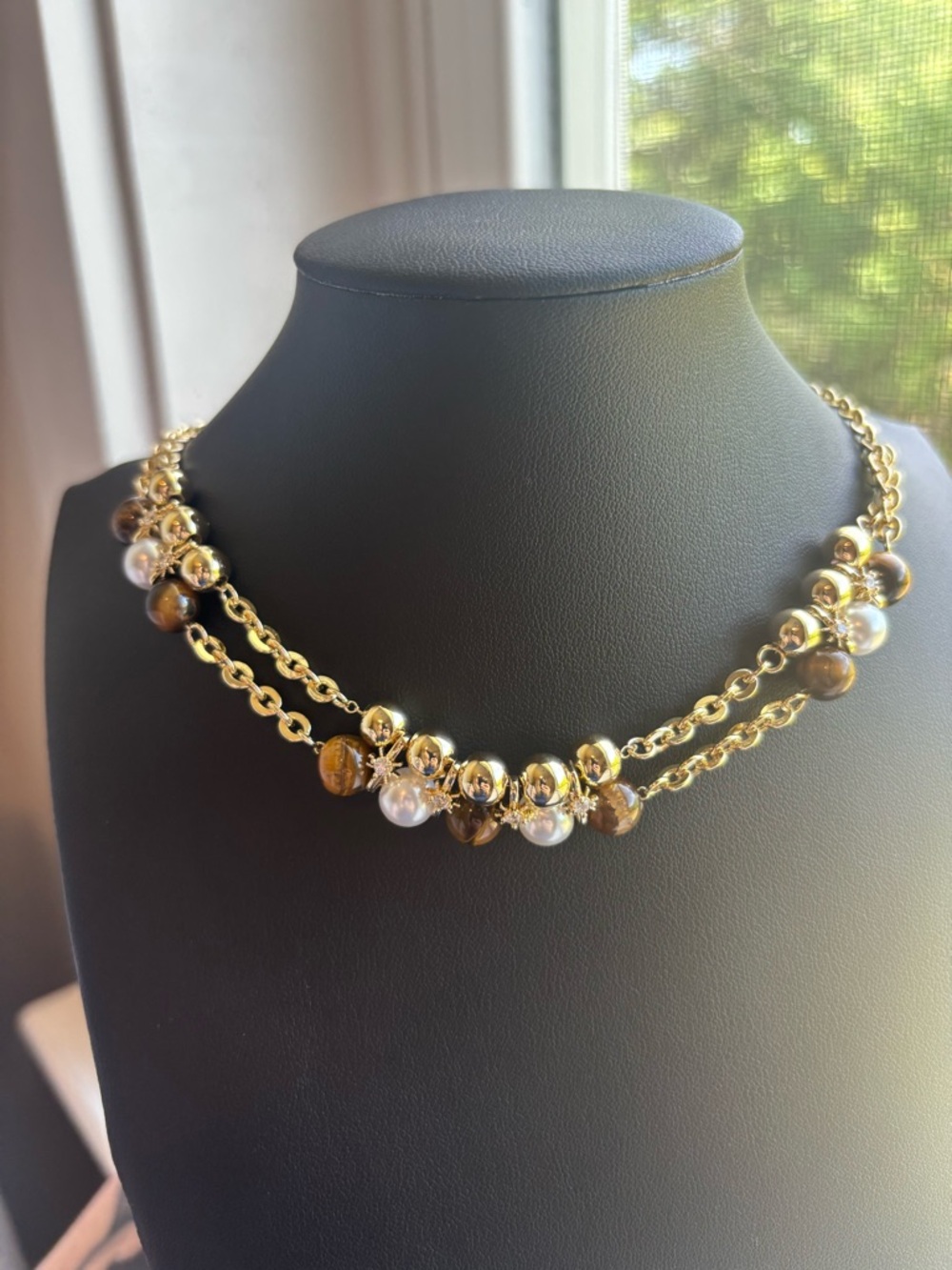 Gold Plated Tiger’s Eye & Pearl Chunky Necklace Layered Chain Beaded Statement